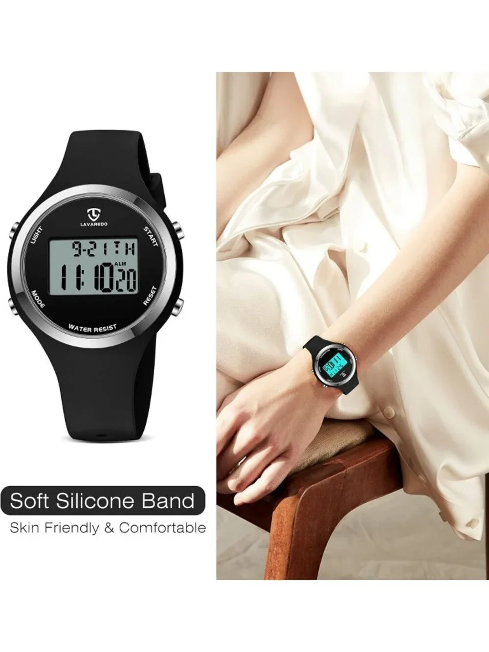 Women All Black Quartz Chronograph Waterproof Outdoor Sport Alarm Digital Watch